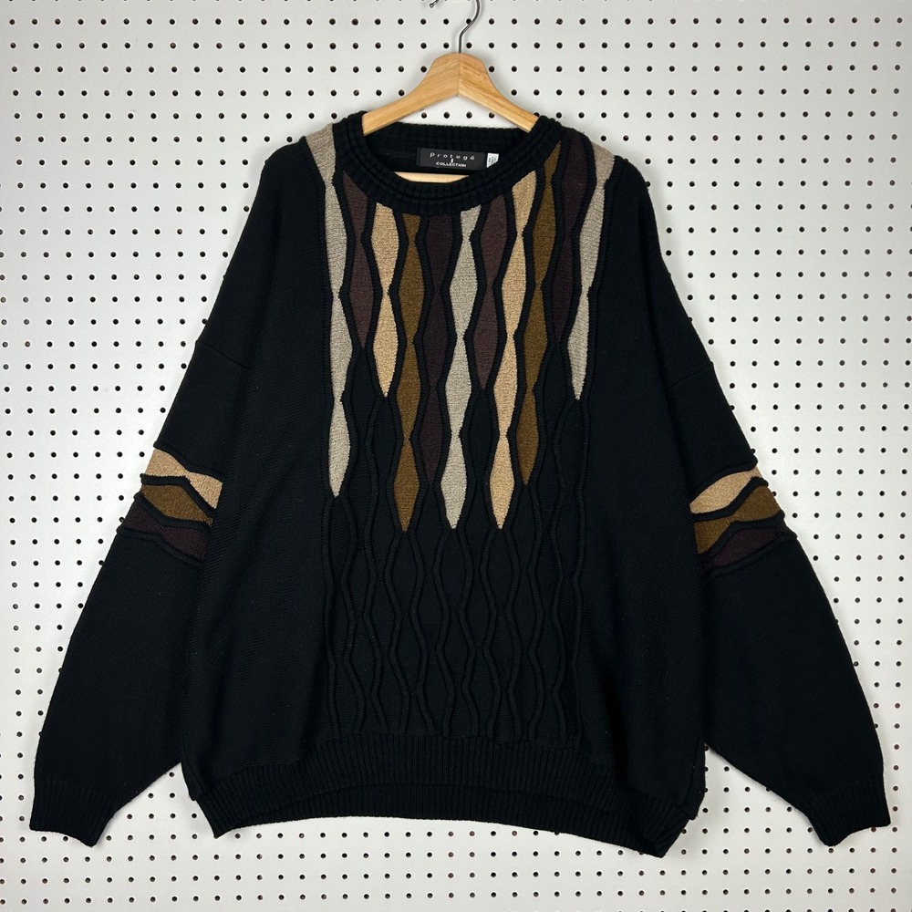 Protege Collection 3XL Black Brown Abstract Cable Knit Crewneck Sweater USA 90s